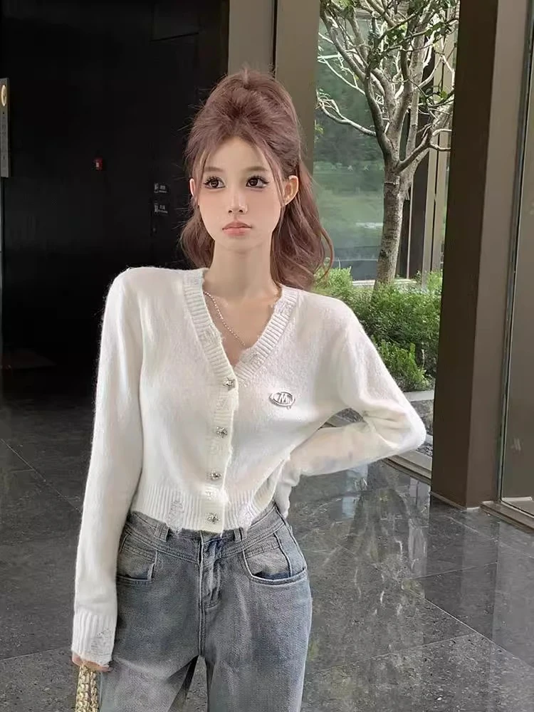 

White Knitted Open Cardigan Women's Loose Lazy Sle ort Sweater Top Korean Version Soft Fabric Long Sve V-Ne Buttoned