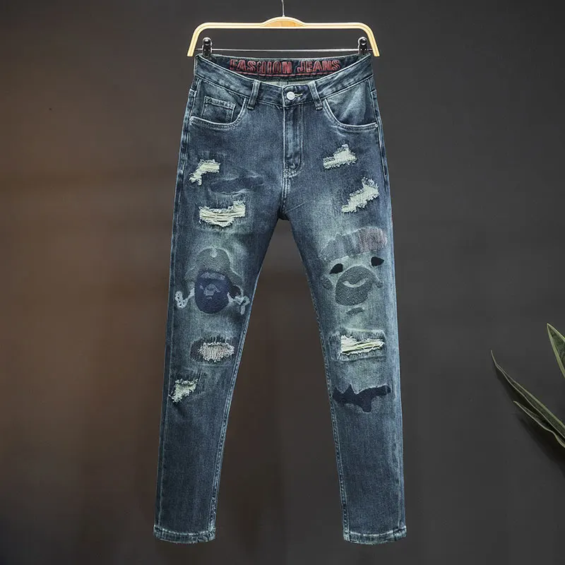 Jeans legal rasgado estampado masculino, casual e bonito, fino, longo, high-end, moda de rua, moda, novo, 2024