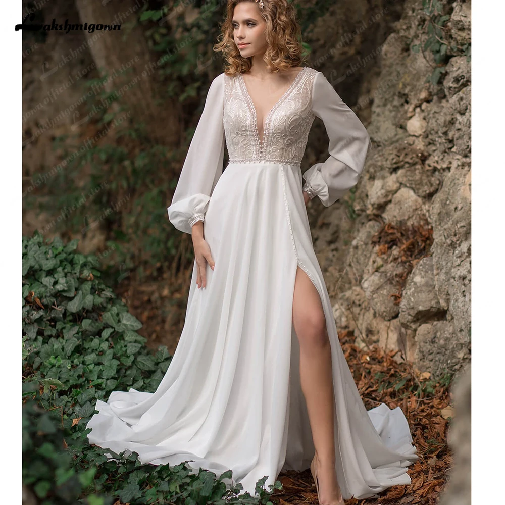 

Lakshmigown, богемное женское свадебное платье с V-образным вырезом, кружевные пляжные свадебные платья, простое искусственное платье со шлейфом