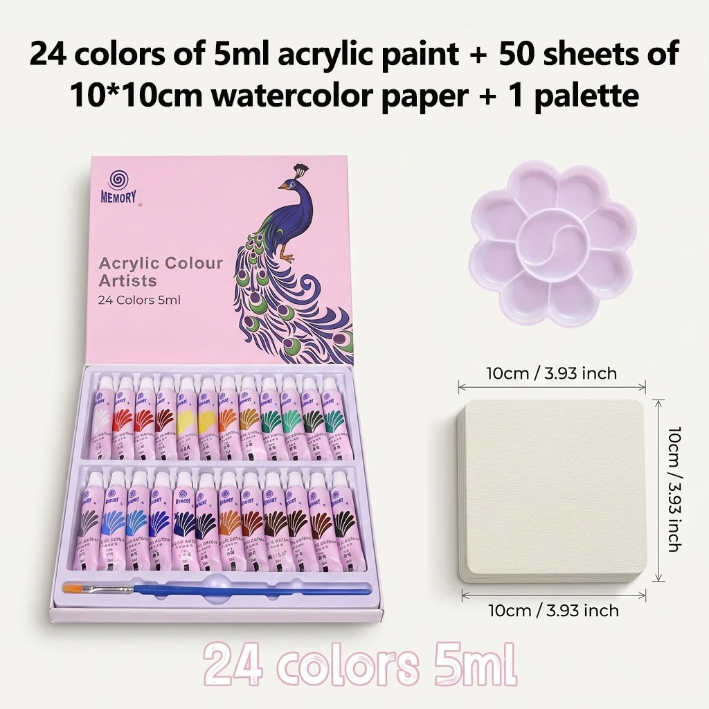 Acrylic Painting Kit for Students 12/24 Colors 5ml Each with 50 Sheets 10x10cm Watercolor Paper And 1 Palette for Creative Art P