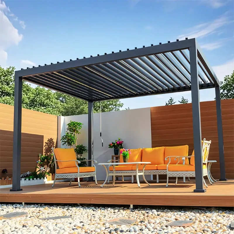 

Motorized or Manual Outdoor Aluminium Pergola Waterproof Windproof Gazebo Pergola with Led with Adjustable Louver Roof