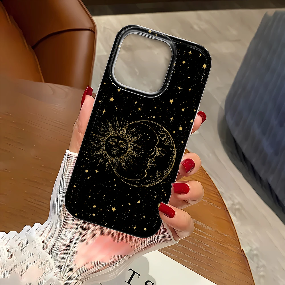 Retro Sun Moon Totem Frosted Black Phone Case For iPhone 11 15 16 12 13 14 Pro XS XR MAX 7 8 Plus SE 2020 2022 Phone Cover