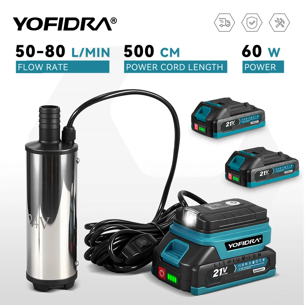 YOFIDRA 50-80L/min Elektrische Wasserpumpe Kabellose Tauchpumpe Abwasserbehandlungsgerät für Makita 21V Akku