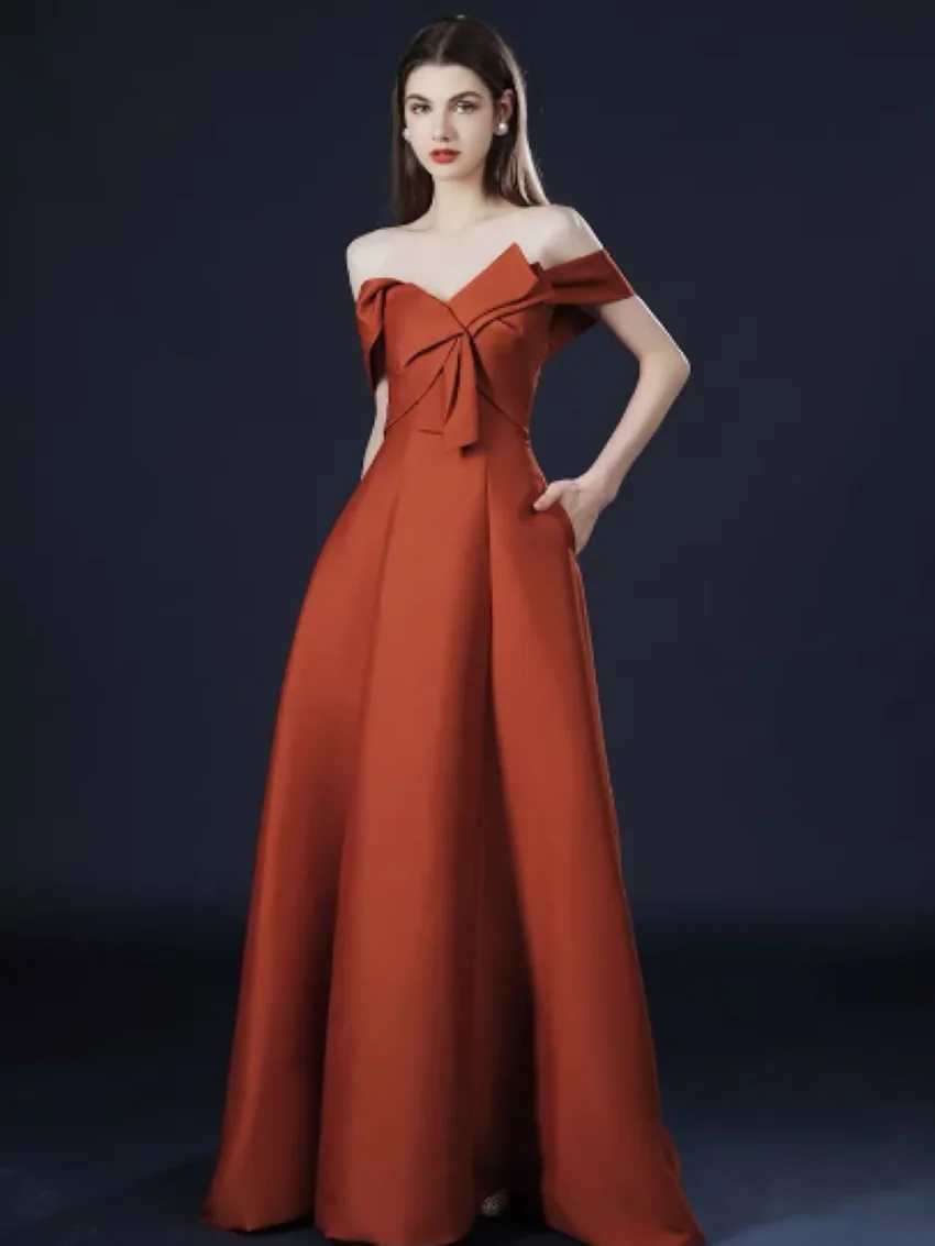 Othray A-Line Backless Satin Long Elegant Celebrity Prom Party Gowns 2023 Boat Neck Evening Dresses Brick Red Off The Shoulder