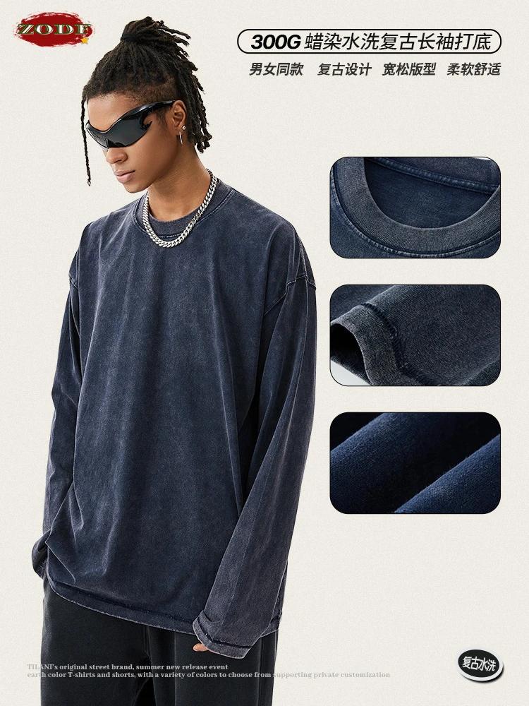 ZODF Retro Autumn Men Washed 300gsm Cotton T-Shirt Vintage Unisex Oversized Long Sleeve O-Neck T Shirt Tees Brand Tops HY0963