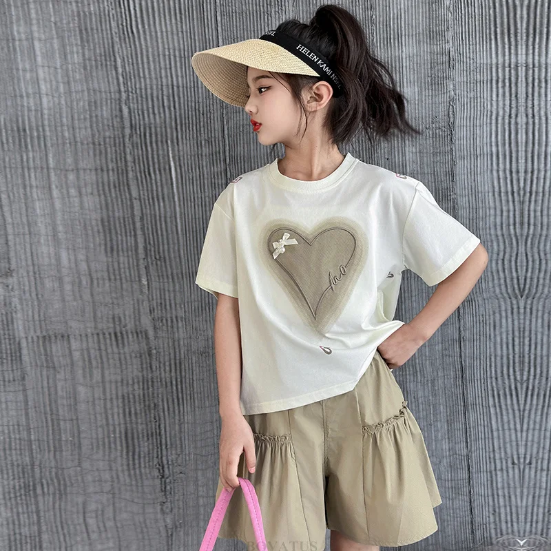 2026 Summer Girls Heart T-Shirt + Khaki Shorts Set Child Short Sleeve Top and Bottom Clothes Set 2Pcs Korean Kids Suit 5-14Years