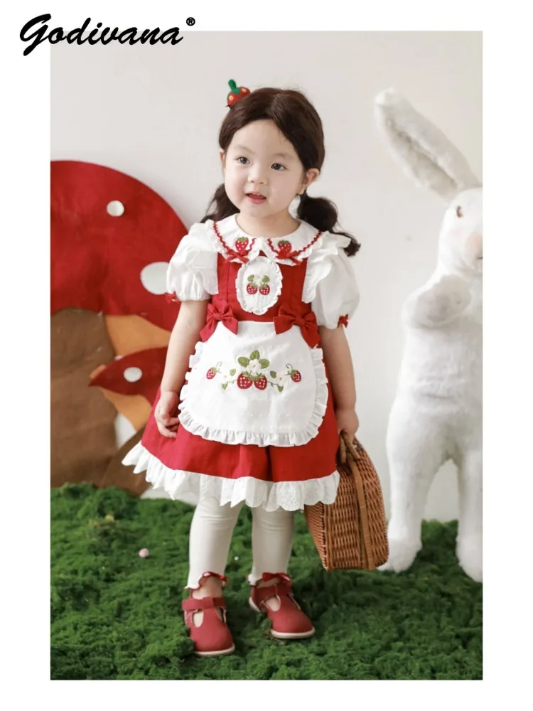 Sweet Baby Girls French 2pcs Sets Kids Summer Cute Strawberry Embroidery Peter Pan Collar Shirt Bow Lace Ruffle Suspender Dress