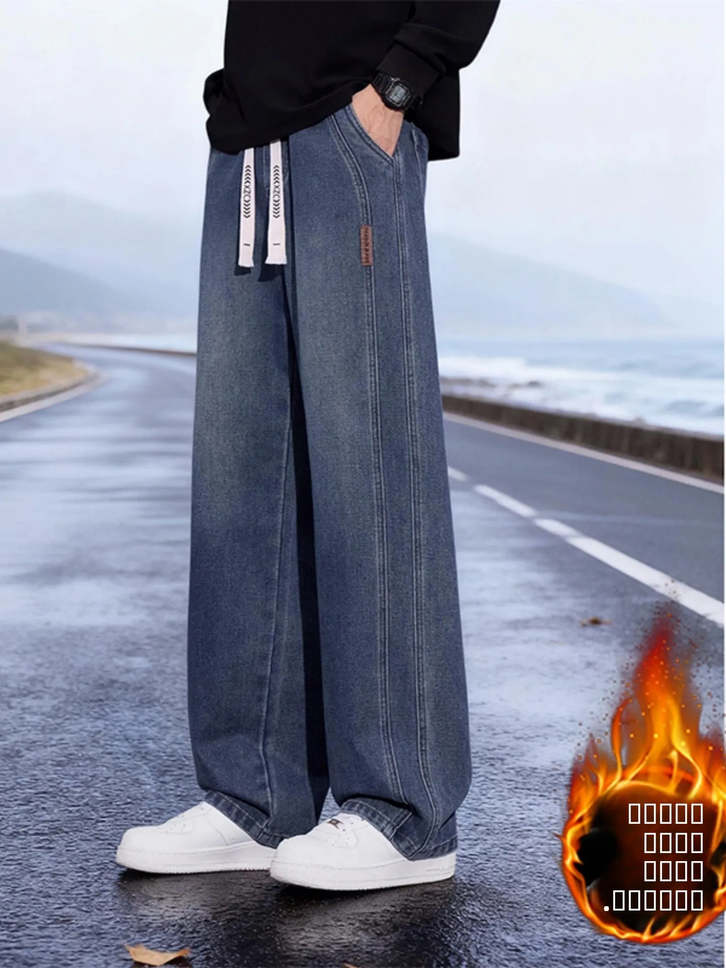 

Мужские зимние утепленные джинсы в американском ретро-стиле, свободные, прямые, повседневные, модные брюки со средней посадкой из смесового хлопка