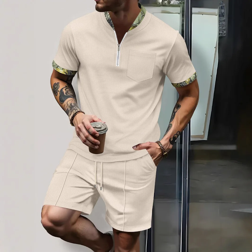 

Summer new Waffle zipper stand-up collar color-matched short sleeve and shorts men's casual outdoor set