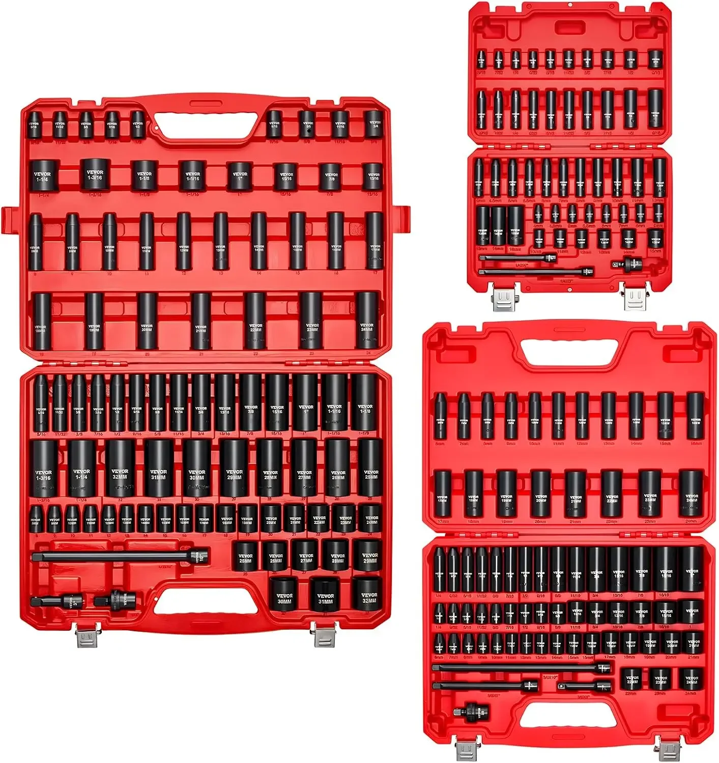 210 Piece Impact Socket Set, 1/4, 3/8, 1/2 Inch Drive CR-MO, SAE & Metric, Deep & Shallow, 6 Point, Extension Bars