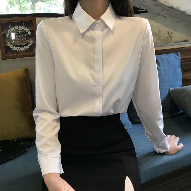 Basic Button Up Shirt for Women,Long Sleeve Blouse for Office Lady,Korean Fashion, Work Wear,Plus Size Chiffon Tops,White Spring