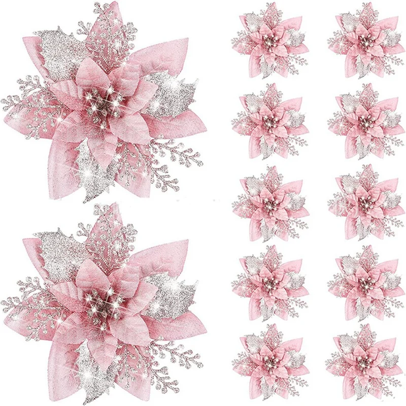 

20PCS 14.5Cm Glitter Artificial Christmas Flowers Merry Christmas Tree Decoration Happy New Year Ornaments Xmas