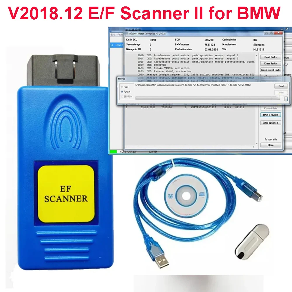 

E/F Scanner II V2018.12 Full Version Car Diagnostic Tool For BMW EF Diagnosis IMMO Milea-ge Correction Coding Auto E F Scan