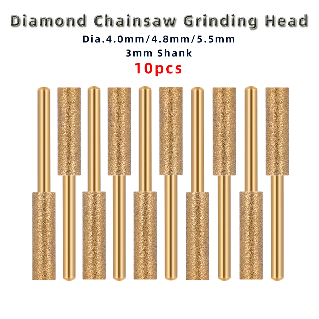 

10 шт., точилка для бензопилы с алмазным покрытием, шлифовальная головка для резьбы, вращающийся напильник 4,0/4,8/5,5 мм, набор абразивных инструментов для заточки