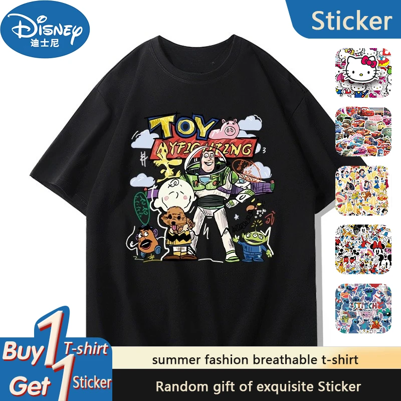 

Disney Strawberry Bear Woody Buzz Lightyear Joint T-Shirt Short Sleeve Men's and Women's Toy Story Clothes Casual Short Sleeve