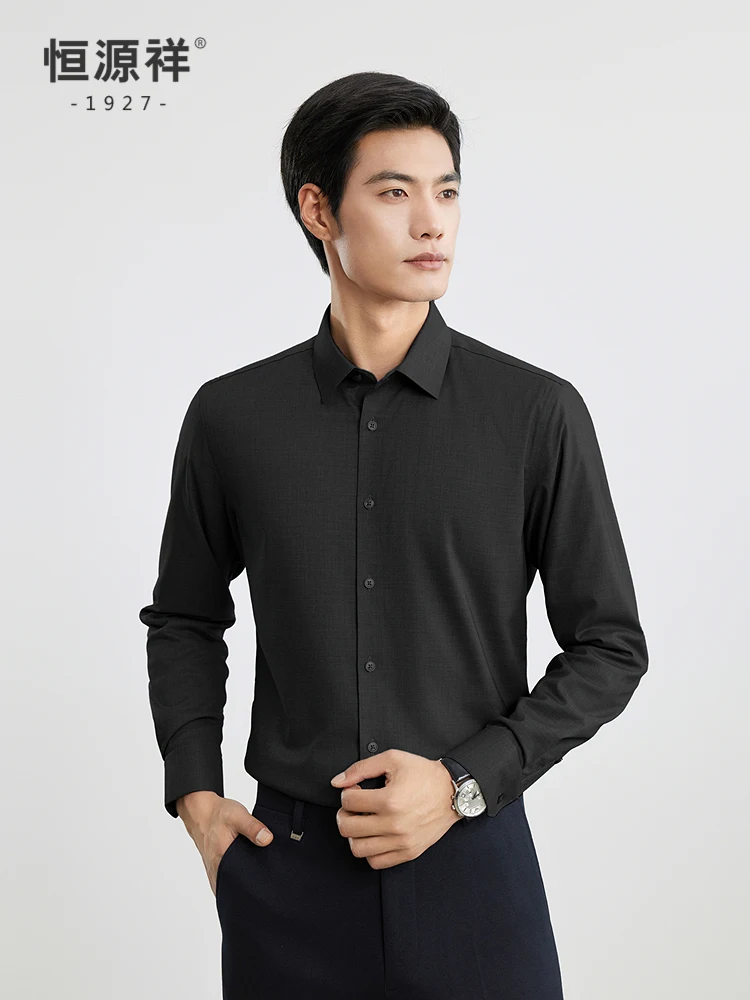 Hengyuanxiang Men's Shirt Thickened Pure Color Square Collar Business Casual Shirt 100 Wool Inner Filling Standard Fit Long S...