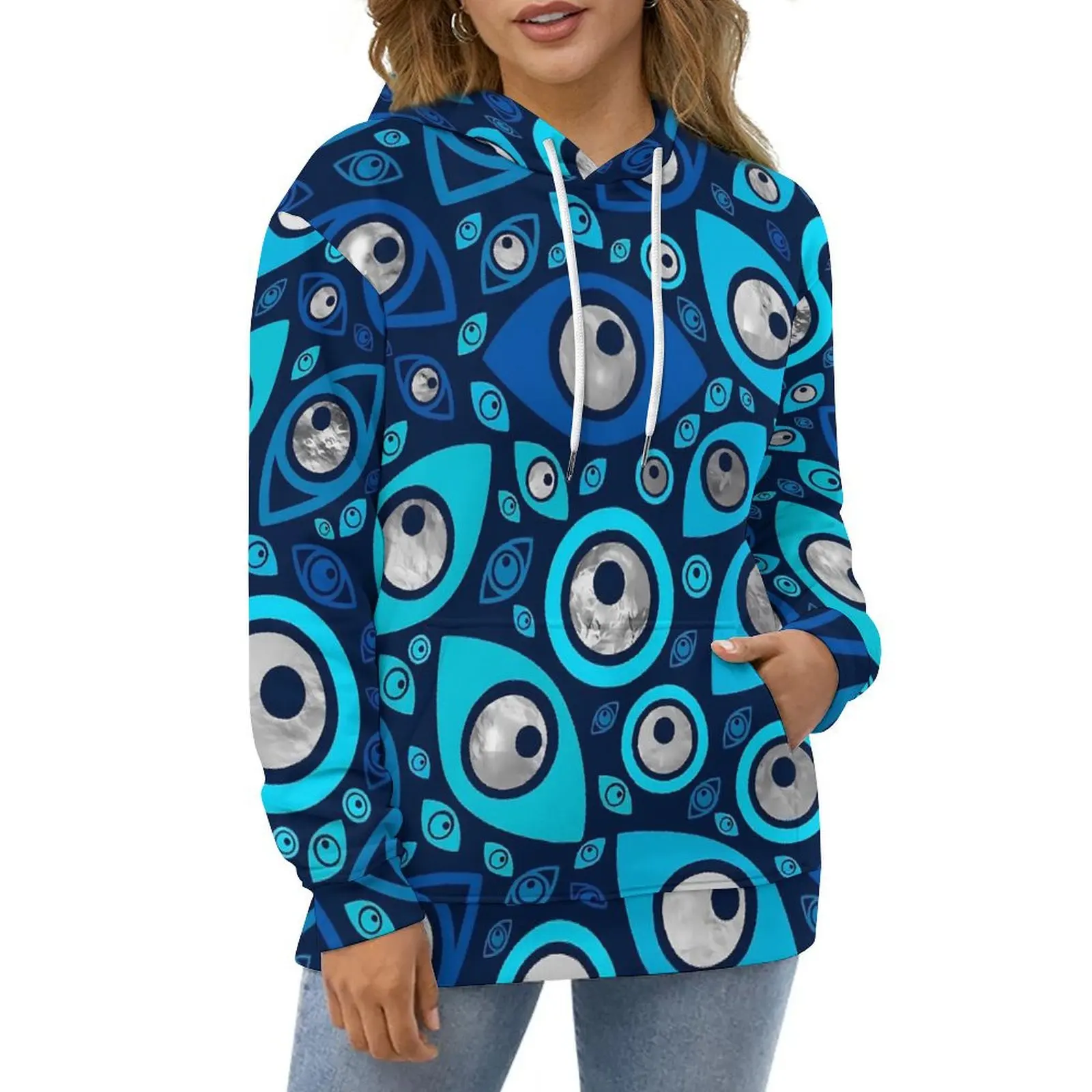 

Greek Evil Eye Hoodies Long Sleeve Blues and Silver Cute Casual Pullover Hoodie Autumn Hip Hop Oversized Loose Sweatshirts