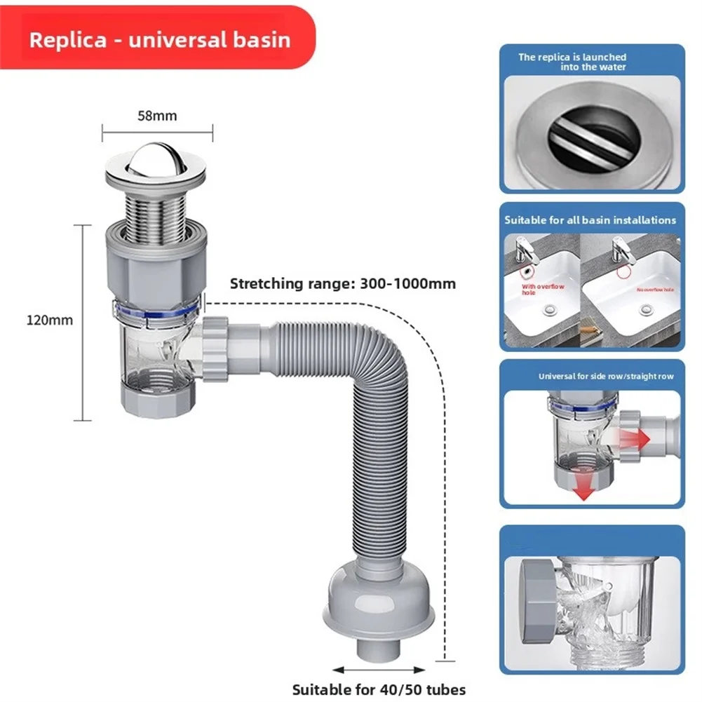 Basin Drain with Flip Top Mechanism Made of Stainless Steel and PP for Standard For Sink Mounting Applications