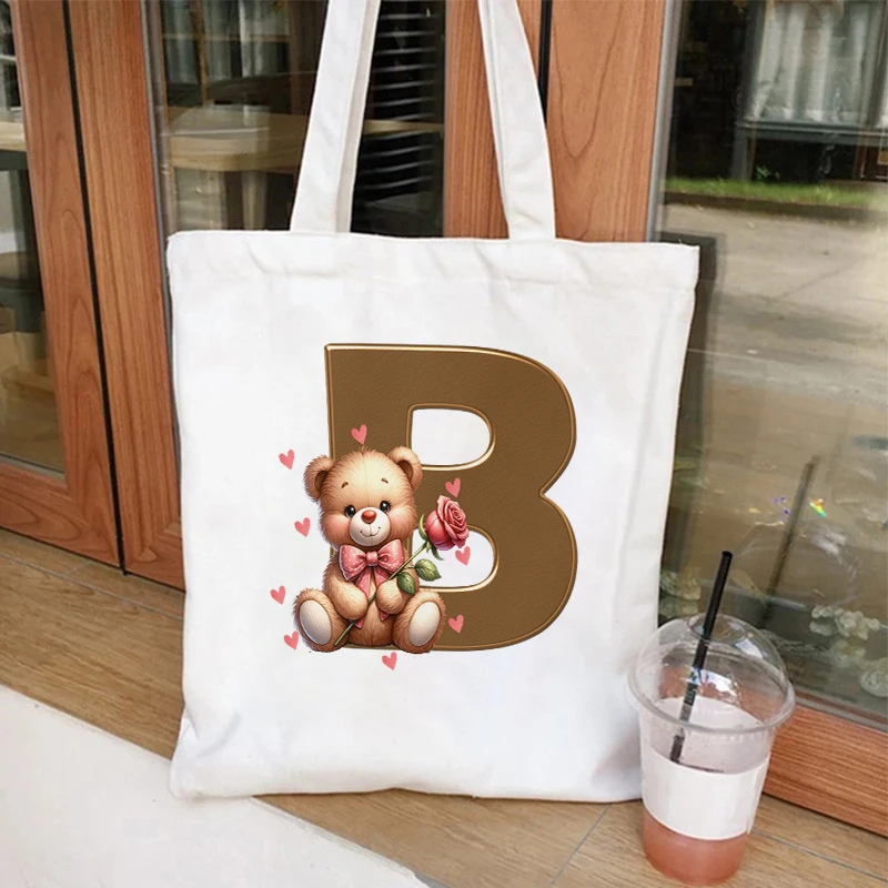 Torebki damskie Bacherlette Party Kawaii Bear Flower 26. Alphabet Tote Bags Shopping Bag Canvas Girls Tote Bags Shoulder Bag