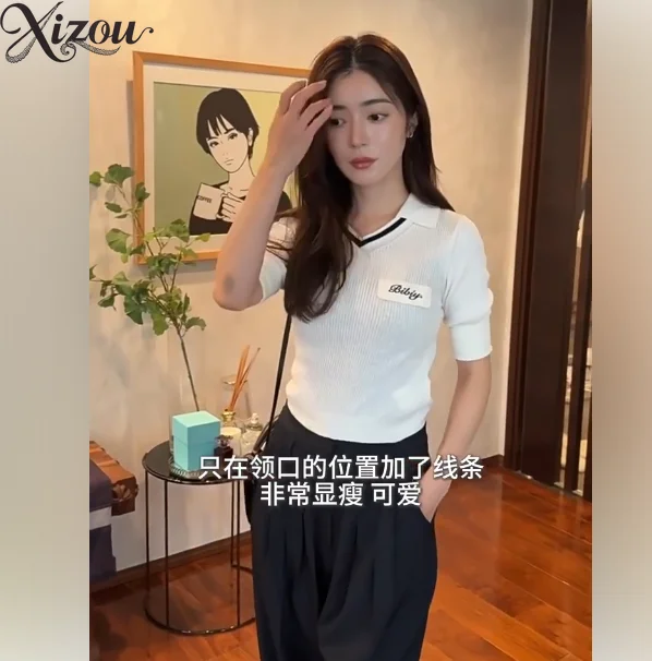 Women's T-Shirts Fashion Casual Tees Japanese-style Retro Color Block V-neck Tshirt Short Sleeve T-shirt Summer Autumn Knit Top