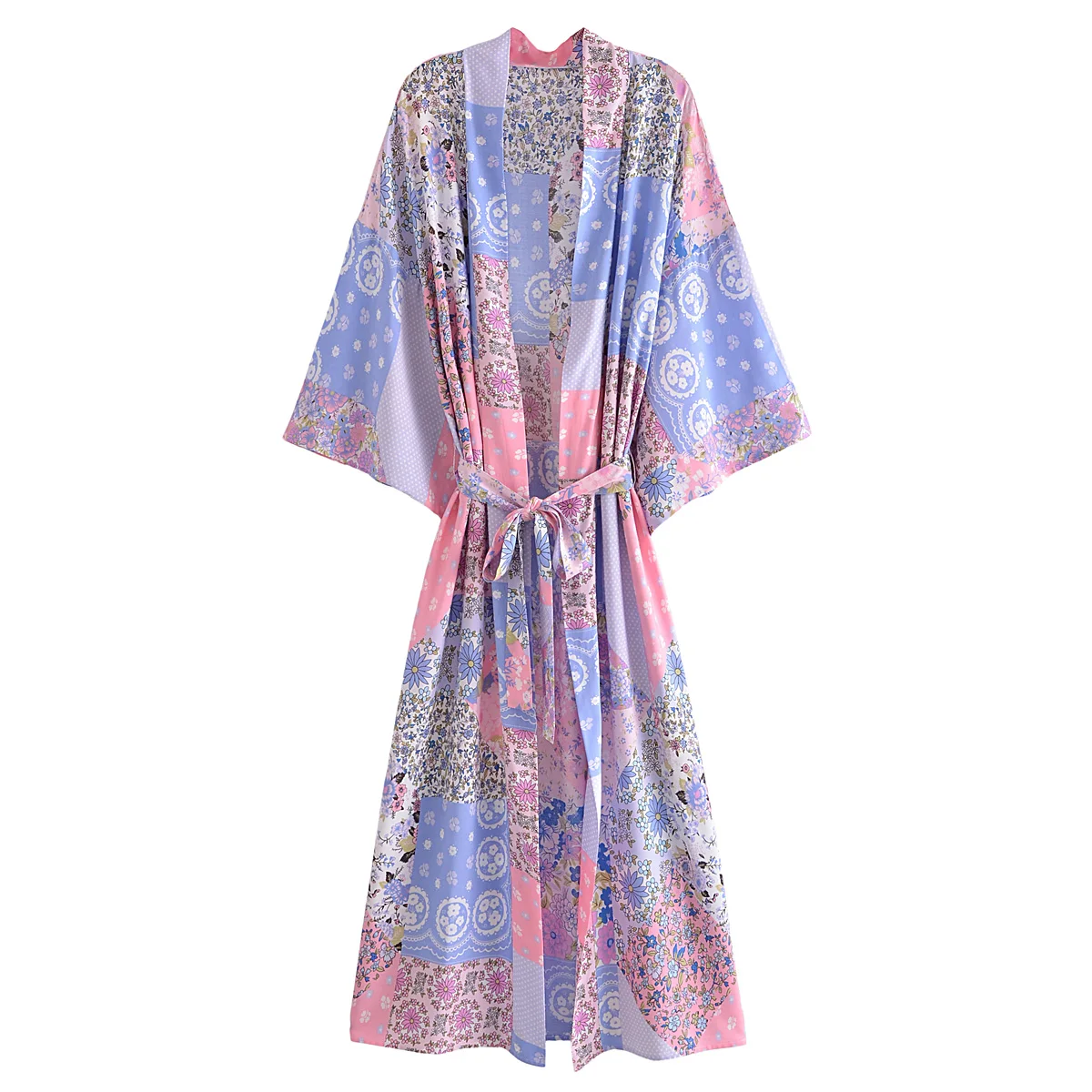 2023 BOHO Contrast Color Flower Print Side Slit Long Kimono Shirt Ethnic Lacing up Bow Sashes Holiday Cardigan Loose Blouse Tops