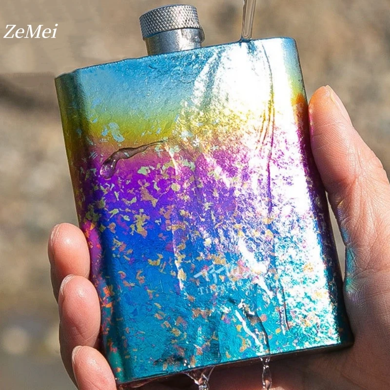 Portable Pure Titanium Hip Flask,3.4oz Spirits Vodka Cup Outdoors Whiskey Hip Flask,Flat Shape Flagon Men Gift Multiple Options