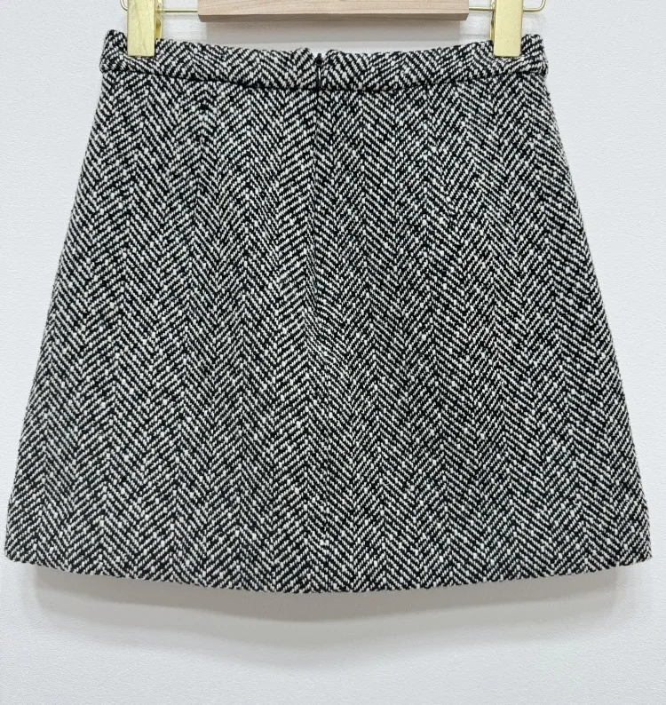 Quality Autumn Winter Diamonds Chain Tweed Two Piece Set Women Jackets Grey Suit Coats A Line Short Skirts 2pcs Outfits