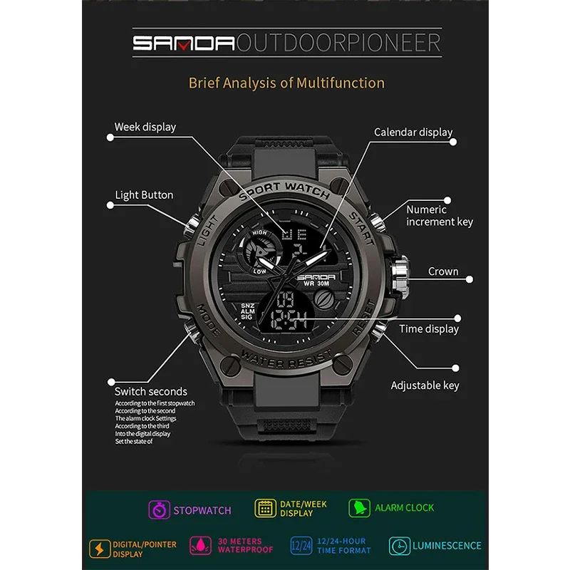 SANDA G Dual Display Waterproof Electronic Style Men Digital Watch Military Sports Watches Wristwatch Relogio Masculino 739