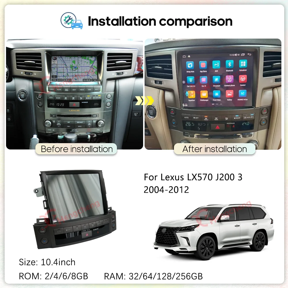 10.4inch Android13 For Lexus LX570 J200 3 2004-2012 Car Multimedia Player GPS Navigation 8Core 8+256G Carplay 4G Wifi 360camera