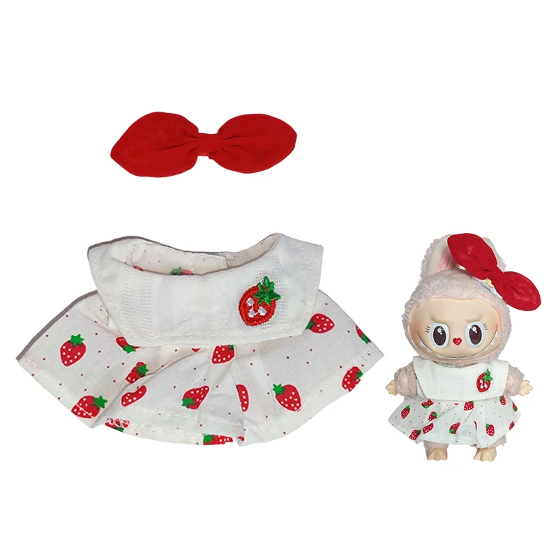 

For V1 V2 Idol 17cm Labubu Doll Clothes Set Strawberry Print Dress Red Bow Outfit Cute Fashion Accessories Doll DIY Kid Gift