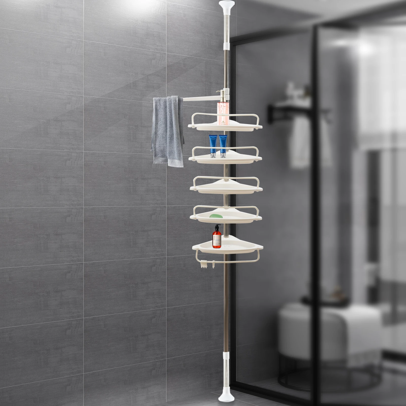 Imagem -02 - Rustproof Shower Corner For Bathroombathtub Storage Organizer For Shampoo Accessories Prateleiras Ajustáveis com Tensão Tiers