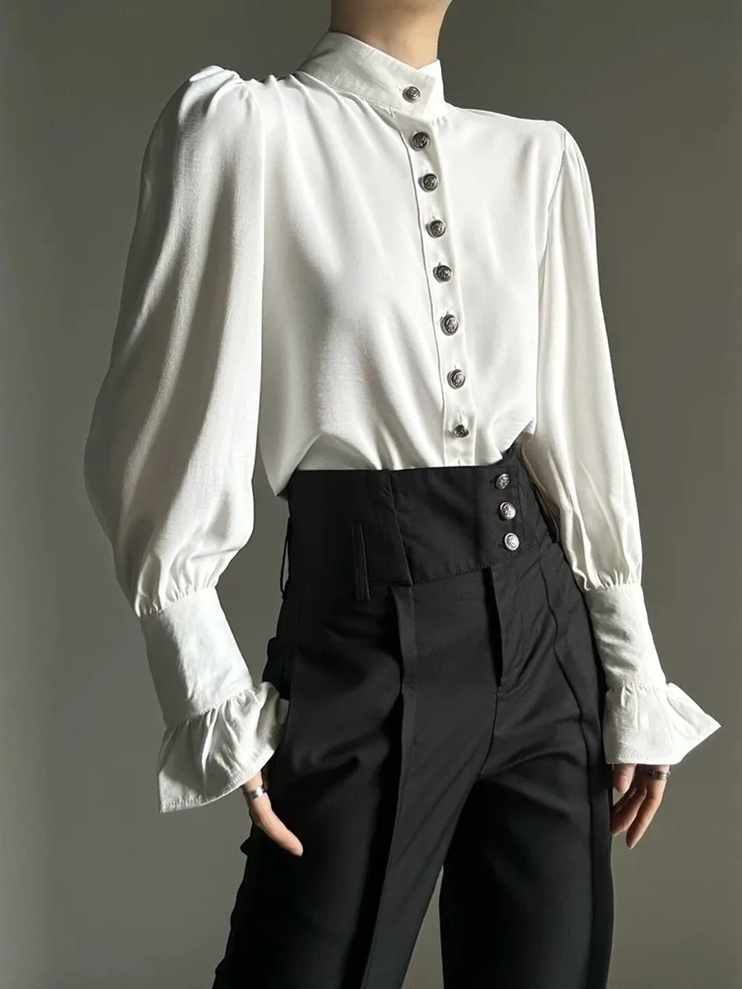 Retro Court Style Stand Collar Shirt Decorative Button Design Men's Loose Fit Long Sleeve Polyester Fiber Neutral Style Shirt