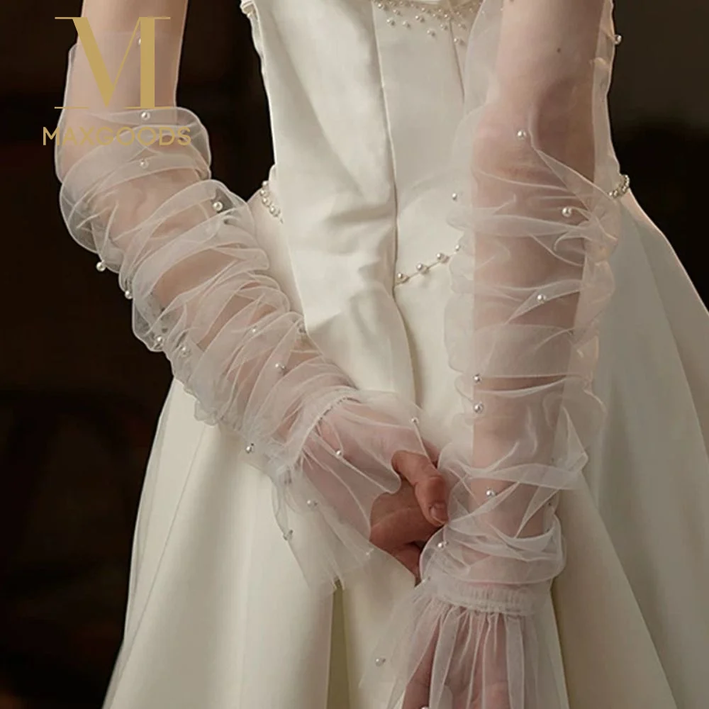 

Lace Bridal Long White Gloves White Costume Accessory Fake Sleeves Cuffs Versatile Ruffled Tulle Pearls Arm Cuffs