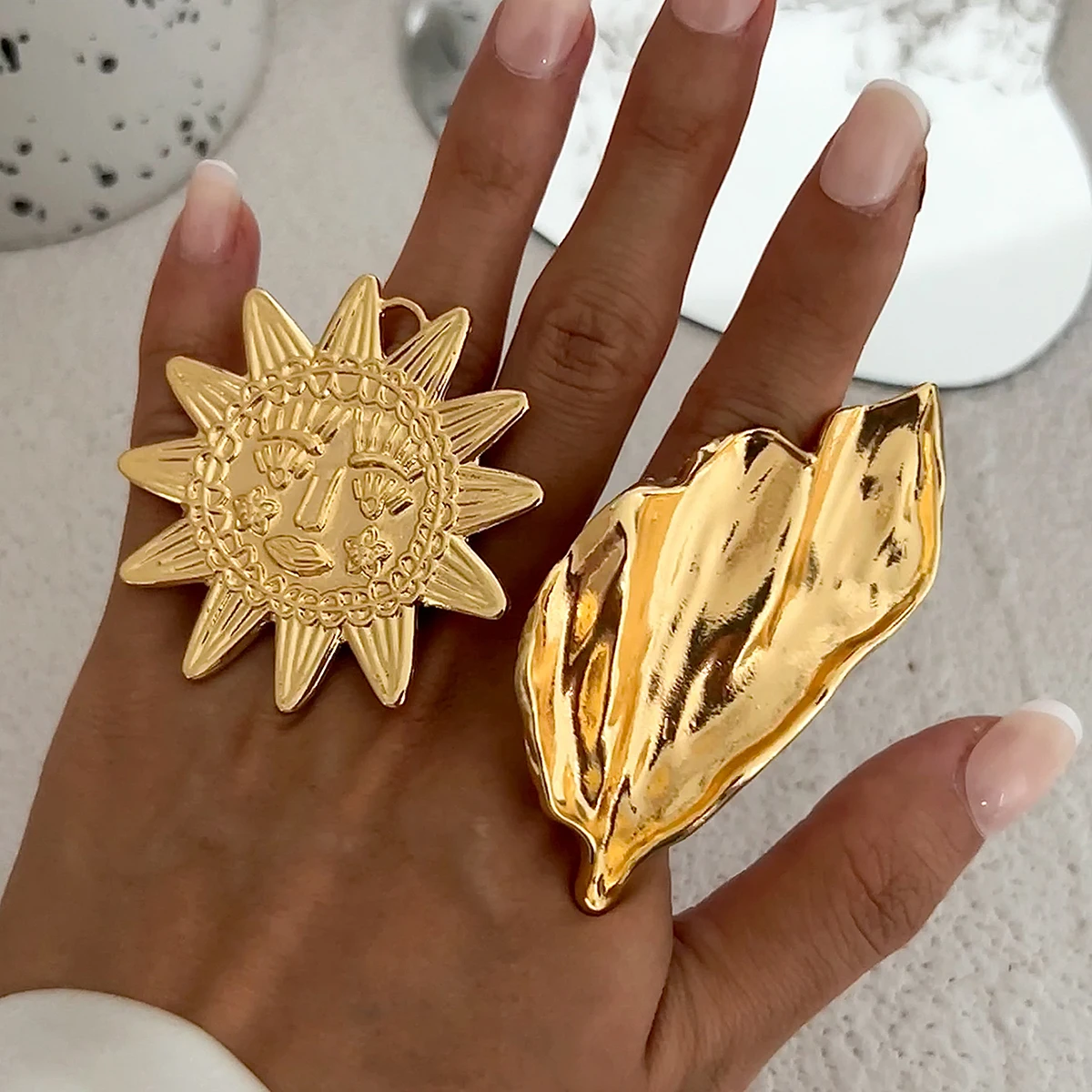 

IngeSight.Z Trendy Designer People Face Sun Flower Ring Trend Classic Large Irregular Metal Leaf Ring Women Party Jewelry