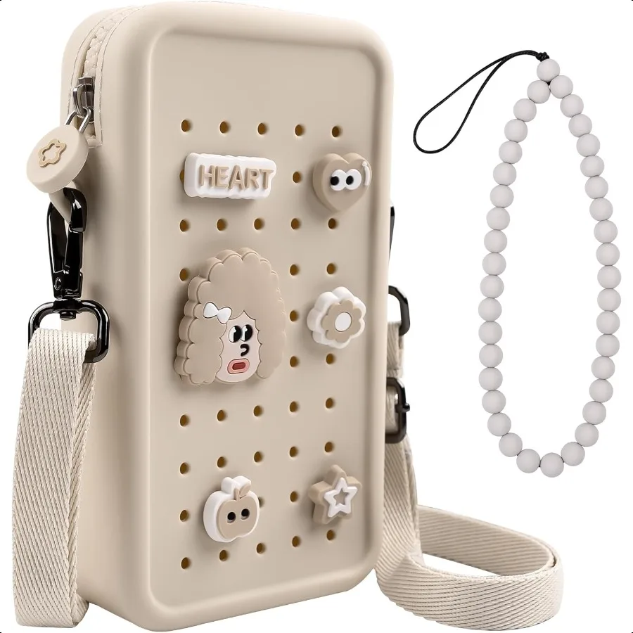 

Candy Small Crossbody Bag with Charms Beaded Phone Wrist Strap Bundle Cellphone Purse and HandsFree Wristlet Bracelet Beige