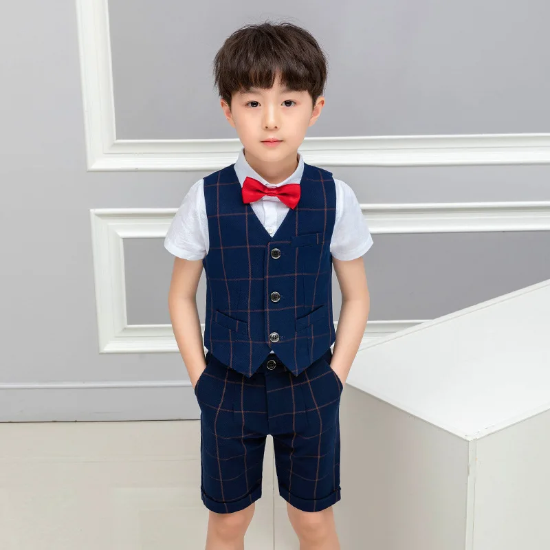 Baby Boys Summer Formal Vest Short Shirt Bowtie Costume Child Wedding Photography Suit School Kids Graduation Ceremony Dress