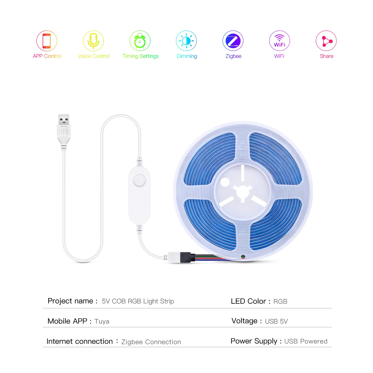 Zigbee 3.0 Tuya Smart 5V USB RGB COB LED Strip Light 576LEDs/M Dimmable Voice Control Work with Alexa Echo Google Home Assistant