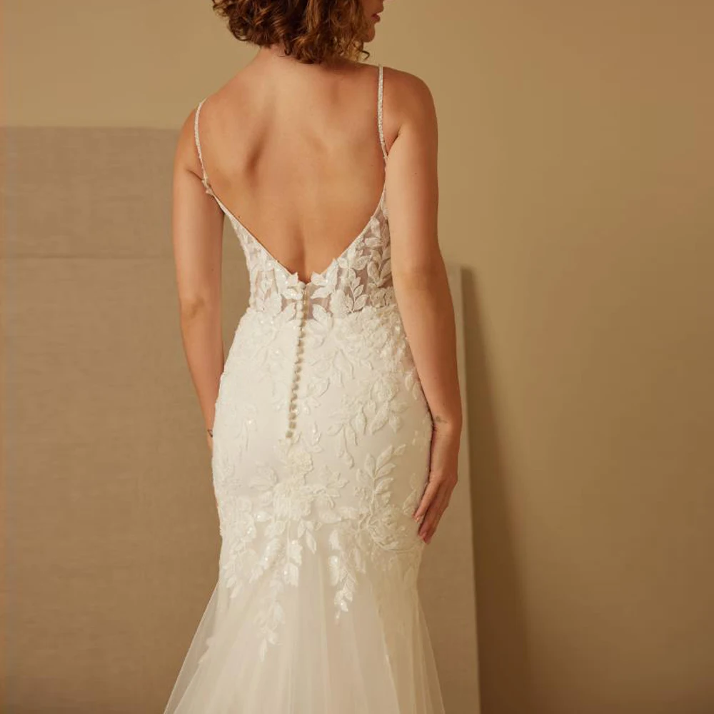Vestido de casamento bordado de renda personalizado alça espaguete sereia vestidos de novia sem costas espartilho robe de mariée