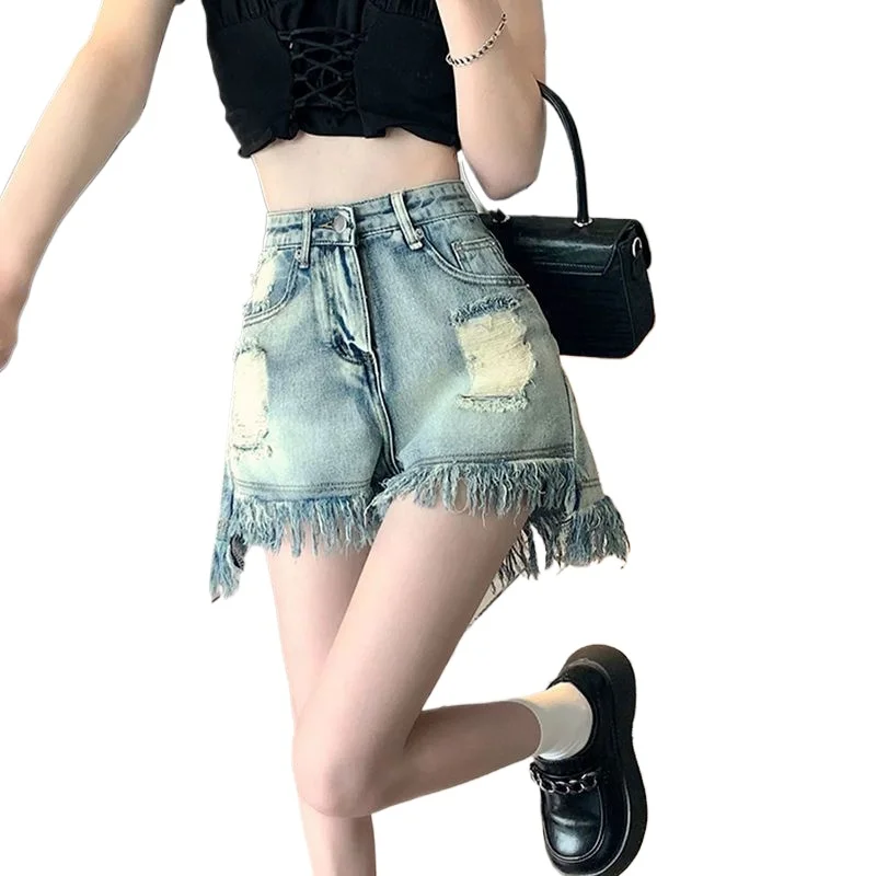 High Appearance Level pants Trend-breaking Fringe Denim Shorts Women's Summer Design High Waisted Slim Loose Denim Hot Pants