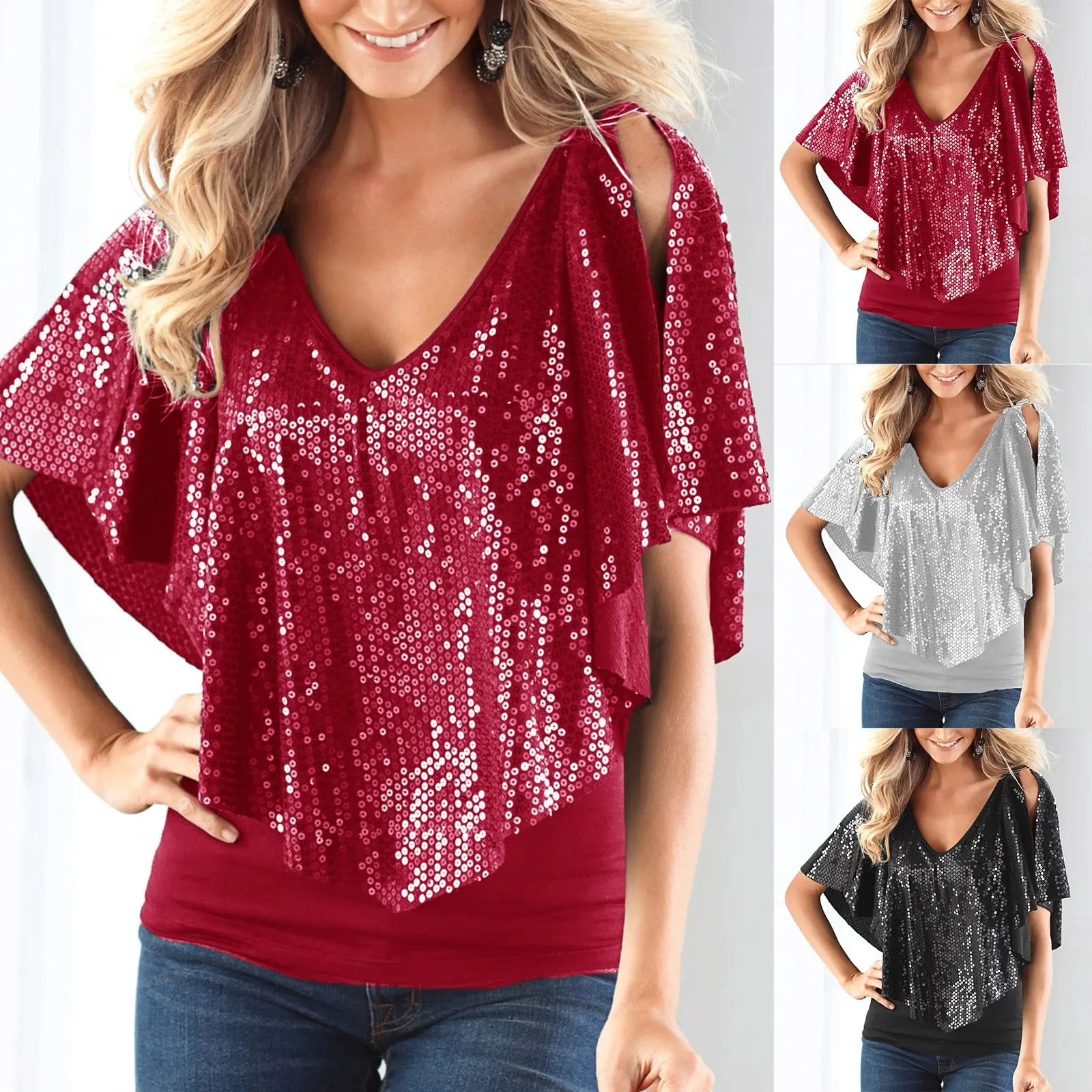 

Solid Sequins Crop Tops T Shirt Ladies V Neck Slim Fit Shawl Sleeve Short Blouse Luxury Club Party Sexy Wear Evening Top Mujer