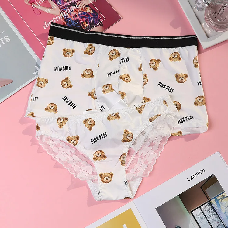 Couple Underwear Men Boxers Sexy Lace Ice Silk Women Briefs Cartoon Cute Bear Panties Transparent Underpants For Boy Girl Lovers