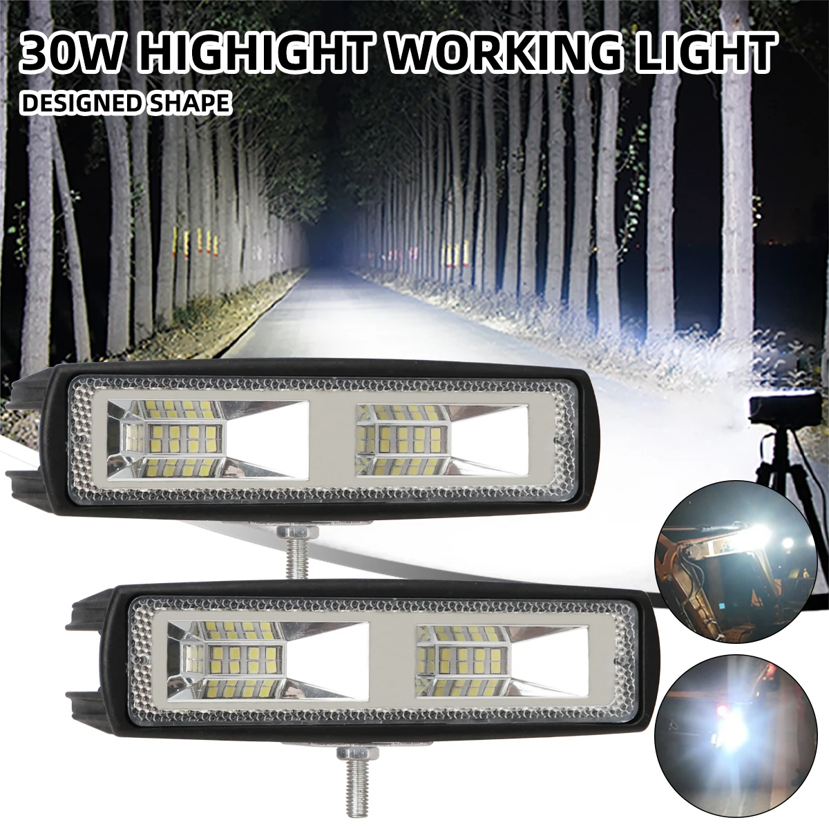 1/2pcs 30W 12SMD Car Work Light 12V 24V LED Light Bar For Jeep Truck Boat Tractor ATV Offroad 6000K White LED Headlight