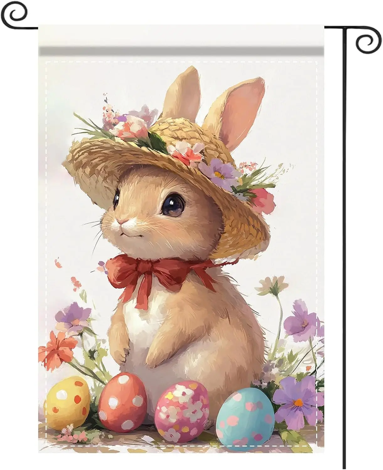 Bunny Spring Garden Flag 12x18 Inches Polyester Rabbit Decor Yard Lawn Patio Outdoor (Oil Painting Bunny with Straw Hat Red  MMZ