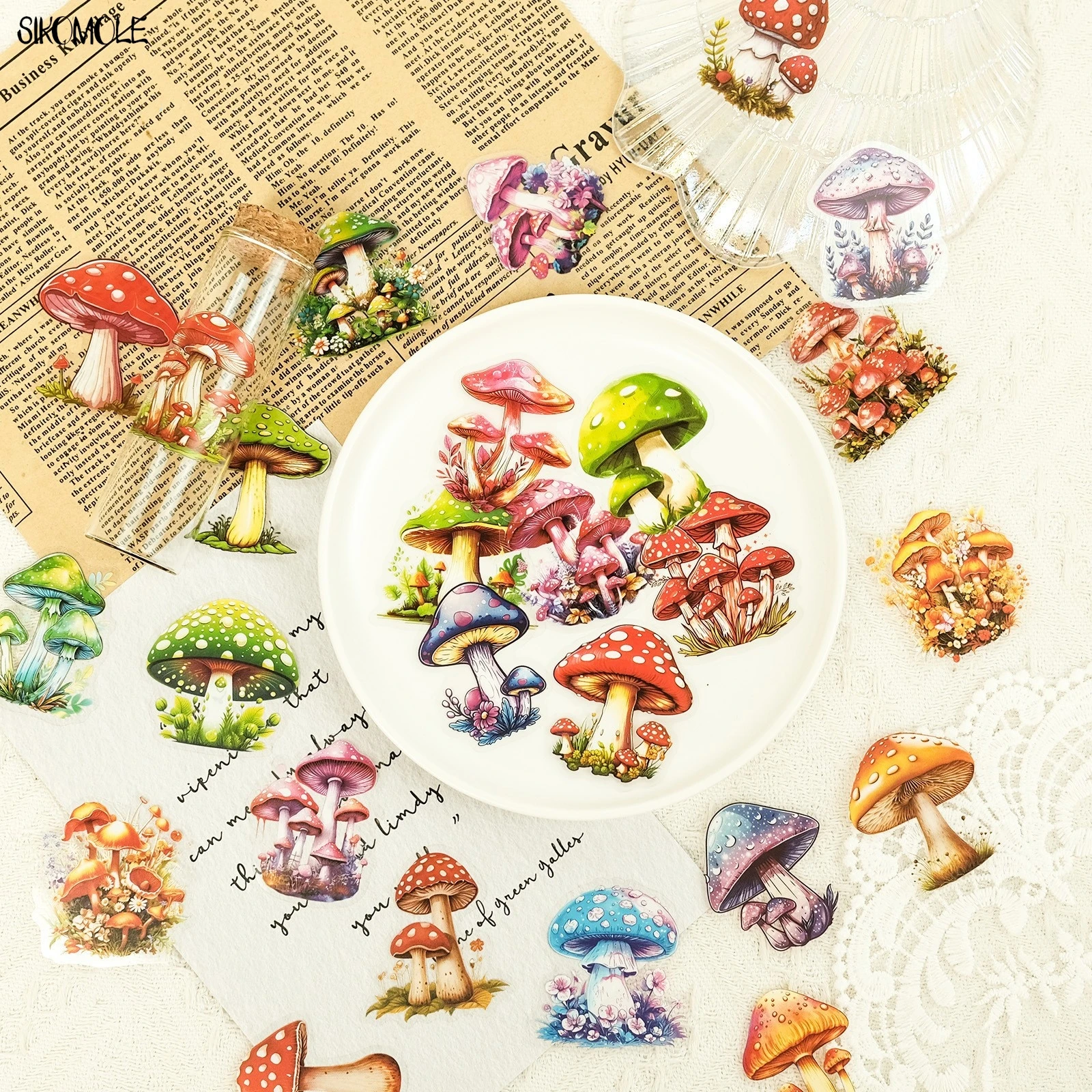 50PCS Creative Mushroom Leaf Transparent Plant PET Sticker Material Decorative DIY Laptops Skateboards Decals Graffiti Stickers