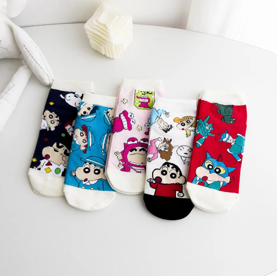 5Pairs Cartoon Crayon Shin-Chans Cotton Socks Leisure Socks Comfort Breathable Kawaii Crayon Shin-Chans Short Socks Girl