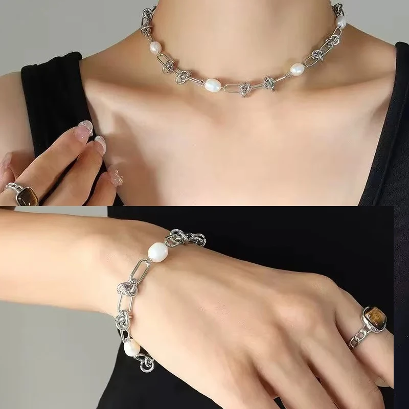 

GANPUP 316L Stainless Steel Natural Pearl Chain Necklace Bracelet Set Statement Metal Polished 18K PVD Plated Stylish Jewelry