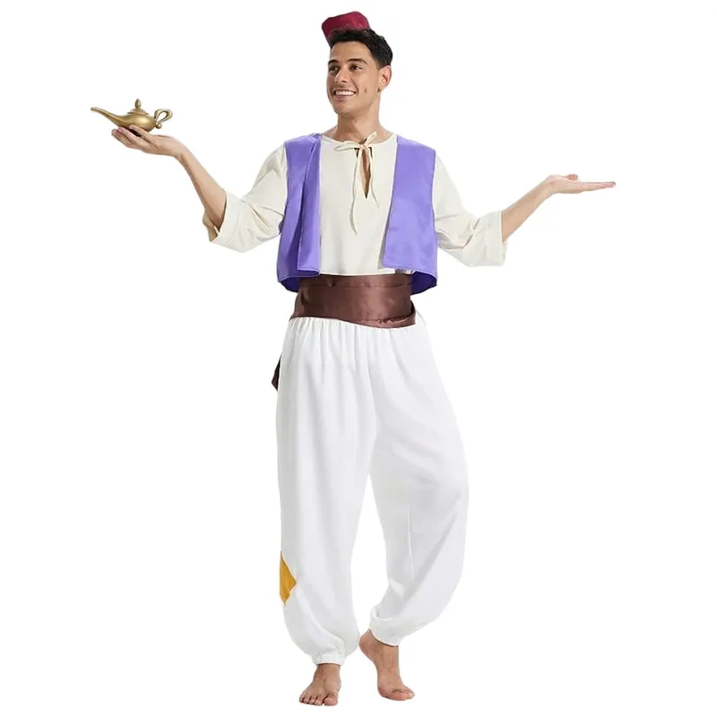 Disfraz de Príncipe Aladín para Hombre, Traje de Personaje de Película de Fantasía, Conjunto de Cosplay para Halloween, Sombrero, Lámpara Mágica, Accesorios para Fiesta y Actuación