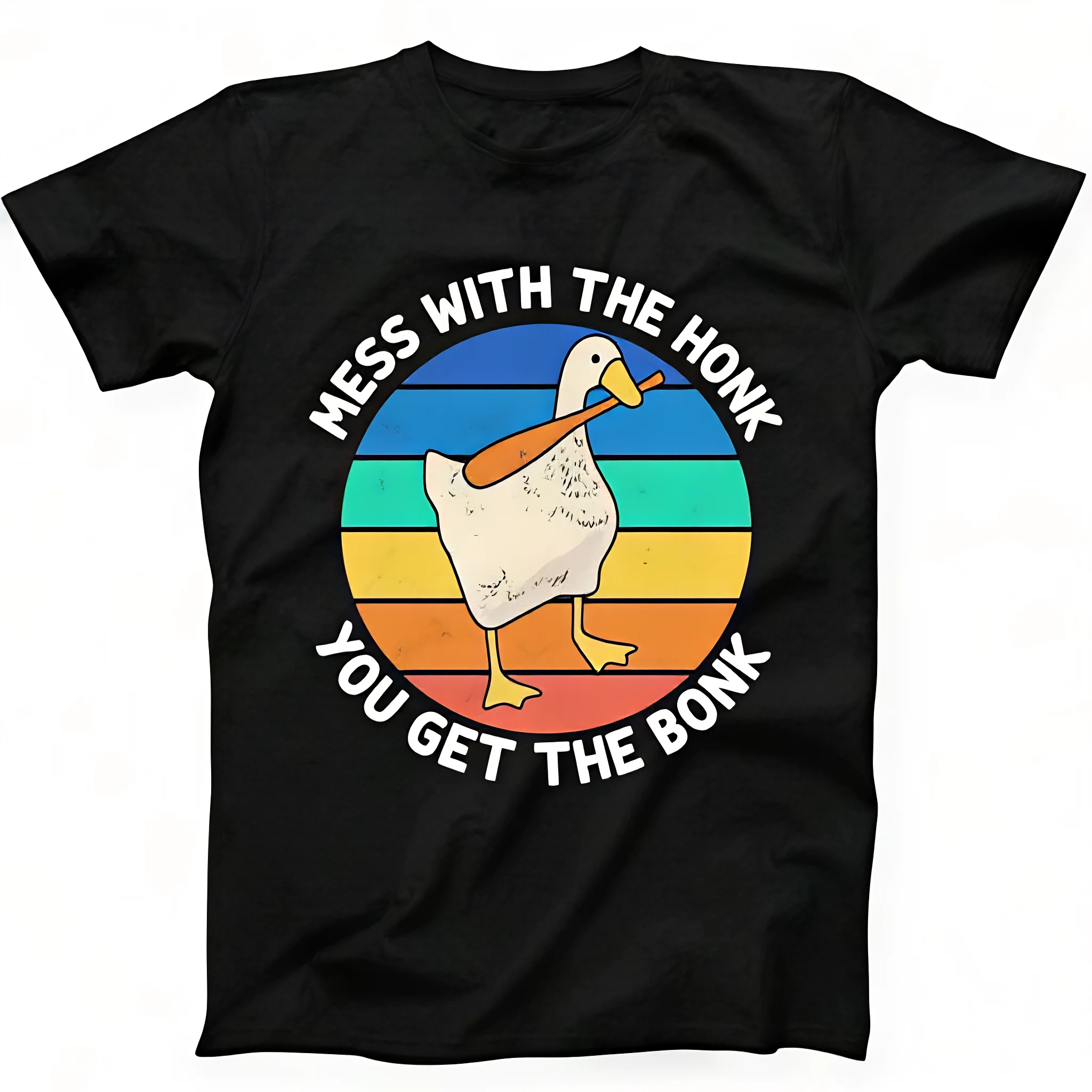 Mess With The Honk You Get The Bonk Funny Goose Duck Graphic T-Shirt, Cute Cartoon Animal Print Casual Black Tee Unisex Humor Gift Tops Camisetas