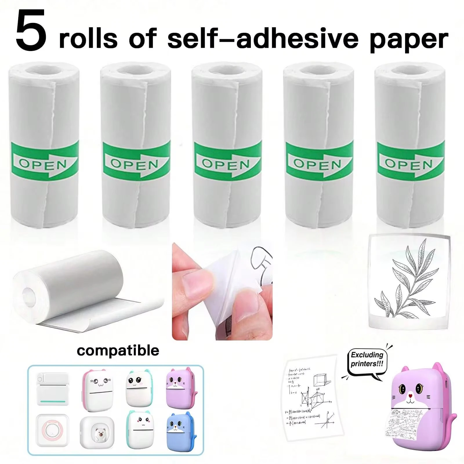 Mini Pocket Printer 5 Rolls Of Self-Adhesive Paper Portable Thermal Printer For Printer Suitable For Home Office Study And Work