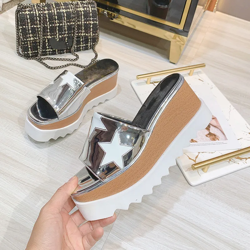 Summer New Women's Wedges Slippers Luxury Star Leather Platform Slippers Fashion Comfortable Ladies Fisherman Shoes Sandals